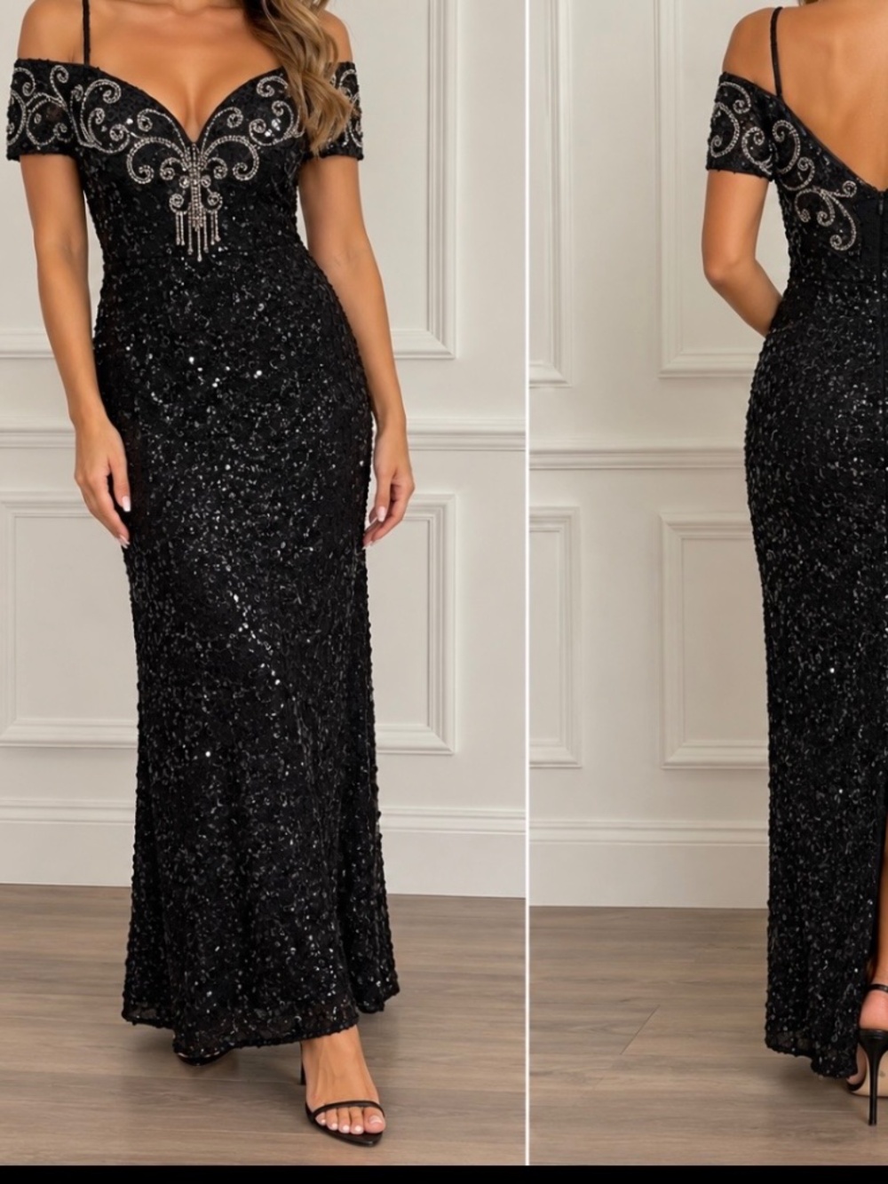 Vintage black sequin and silver beat it off the shoulder, formal evening gown